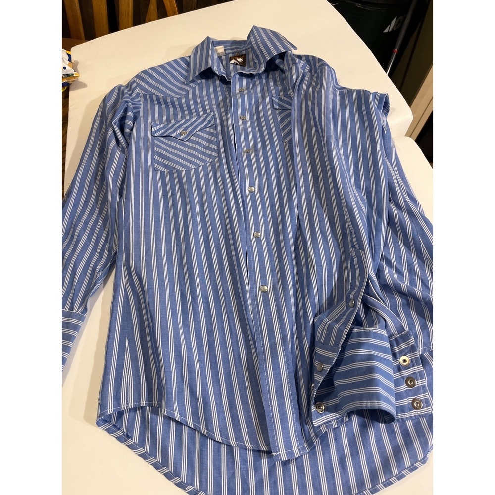 VINTAGE KARMAN Mens Blue White Stripe Western Snap Button‎ Long Sleeve Shirt